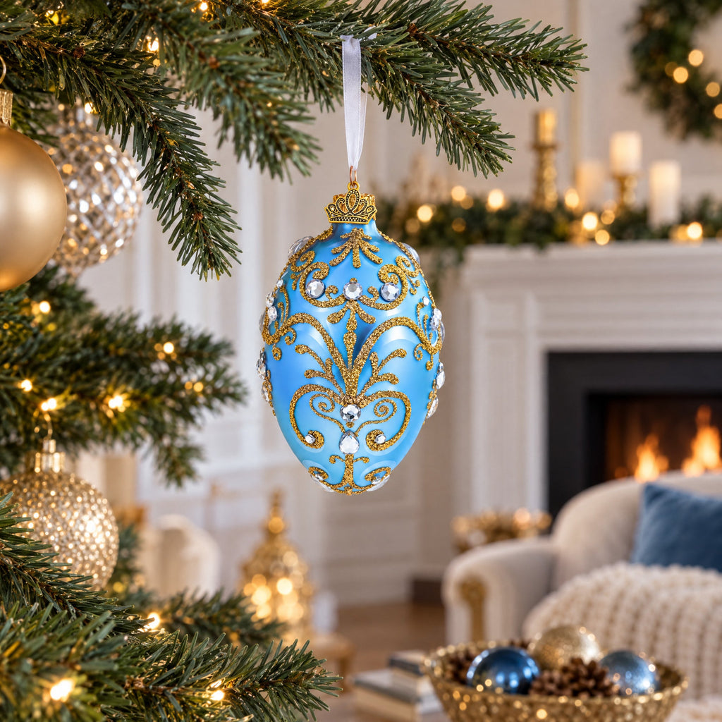 Elegant Blue and Gold Jeweled Glass Egg Ornament 4 Inches