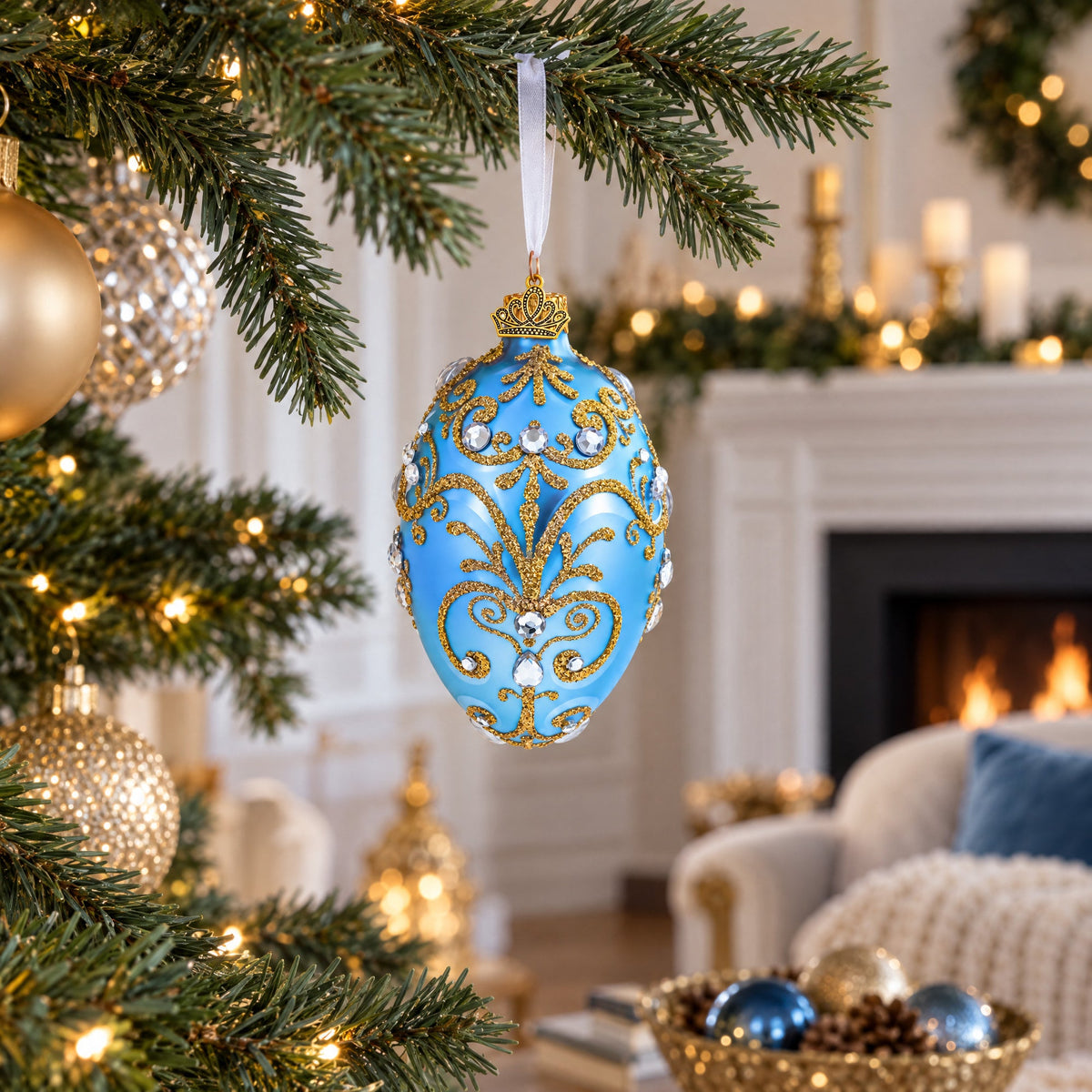 Elegant Blue and Gold Jeweled Glass Egg Ornament 4 Inches
