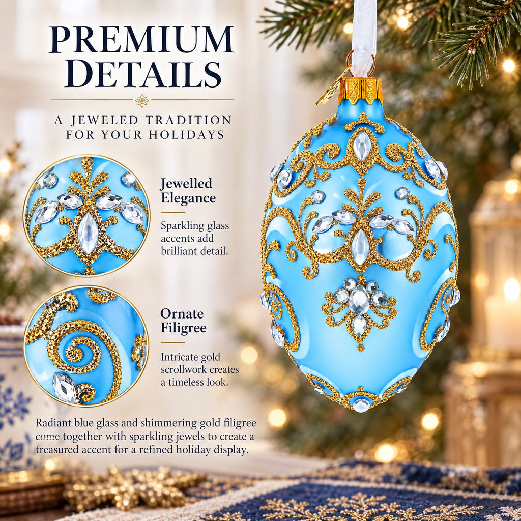 Elegant Blue and Gold Jeweled Glass Egg Ornament 4 Inches