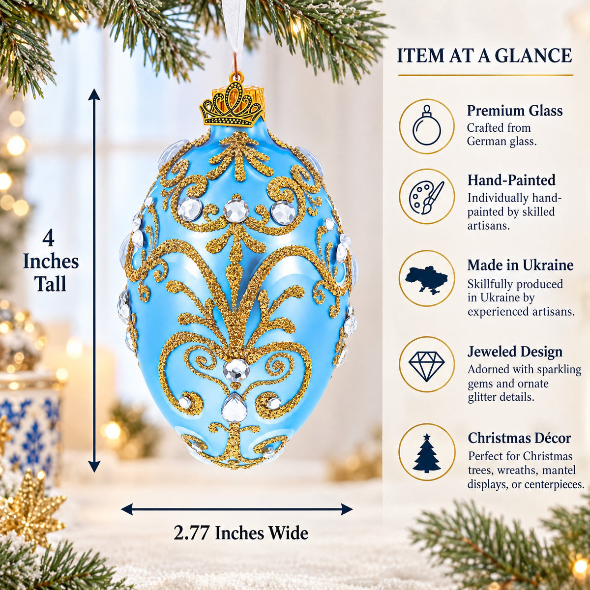 Elegant Blue and Gold Jeweled Glass Egg Ornament 4 Inches