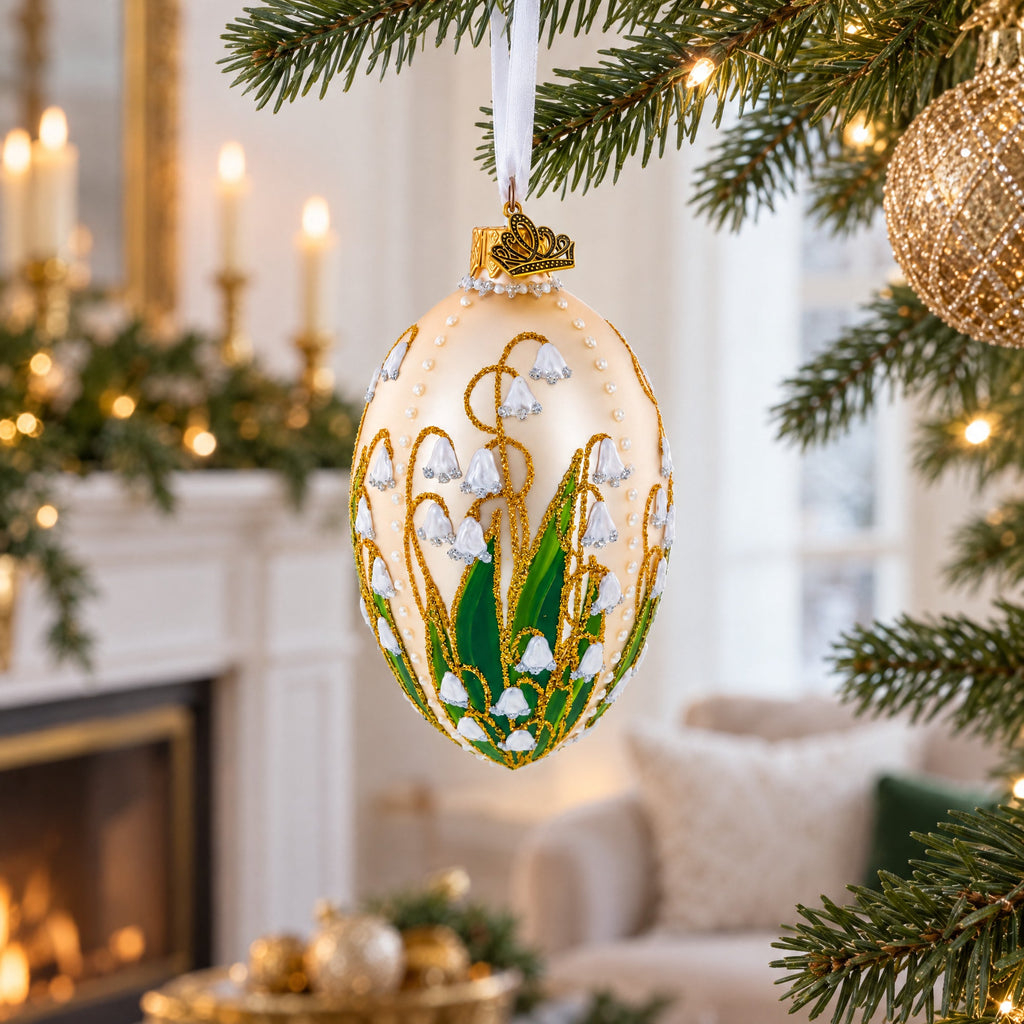 Lily of the Valley on Ivory Egg Glass Ornament 4 Inches