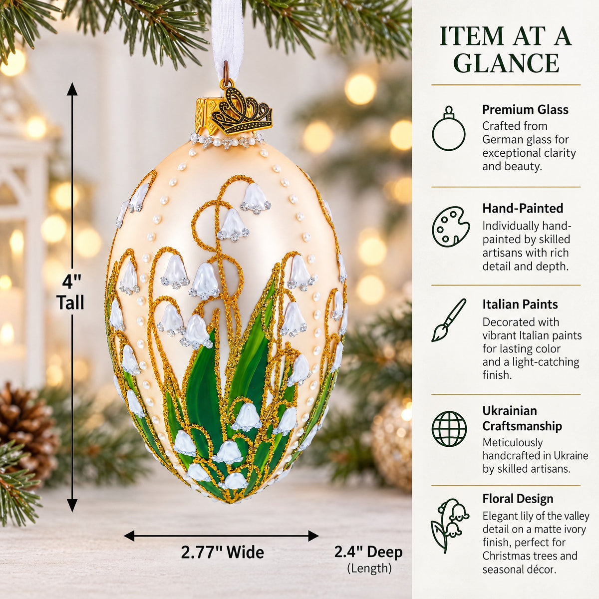 Lily of the Valley on Ivory Egg Glass Ornament 4 Inches