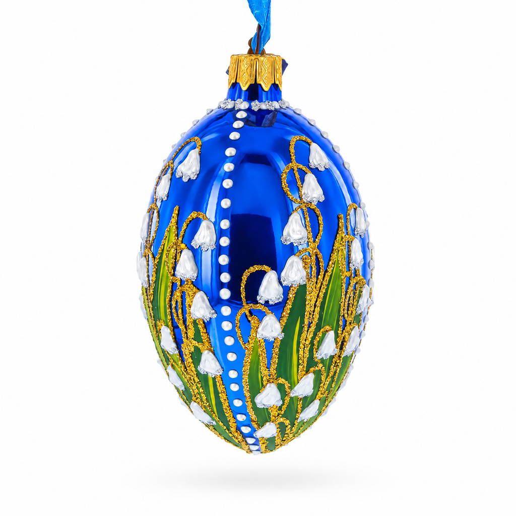 Lily of the Valley on Glossy Blue Egg Glass Ornament 4 Inches