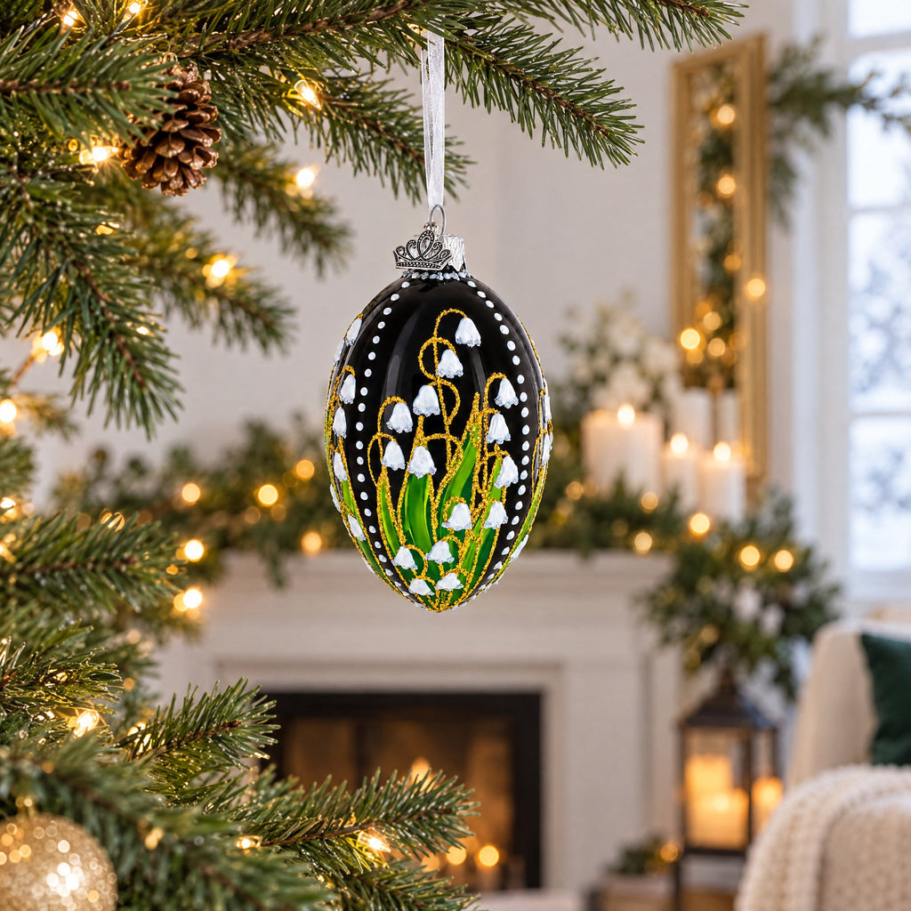 Lily of the Valley on Glossy Black Egg Glass Ornament 4 Inches
