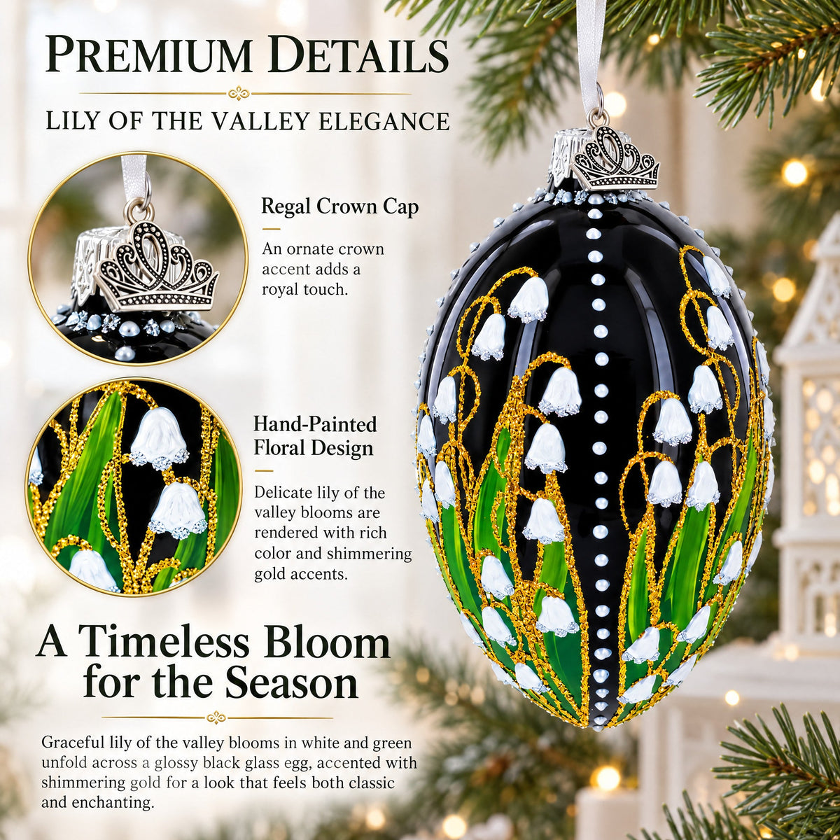 Lily of the Valley on Glossy Black Egg Glass Ornament 4 Inches