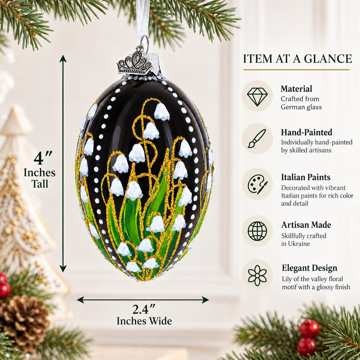 Lily of the Valley on Glossy Black Egg Glass Ornament 4 Inches