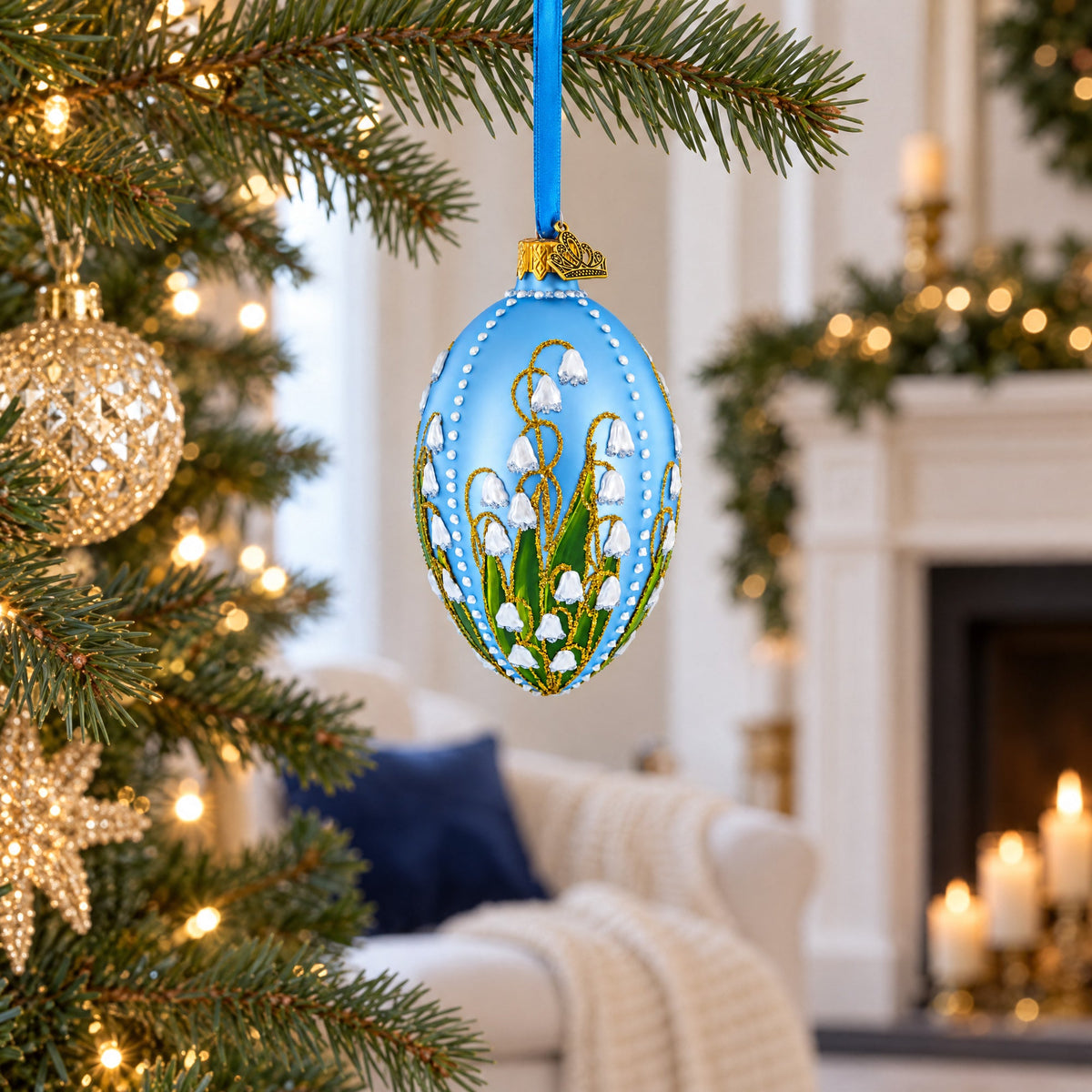 Lily of the Valley on Frosted Blue Egg Glass Ornament 4 Inches