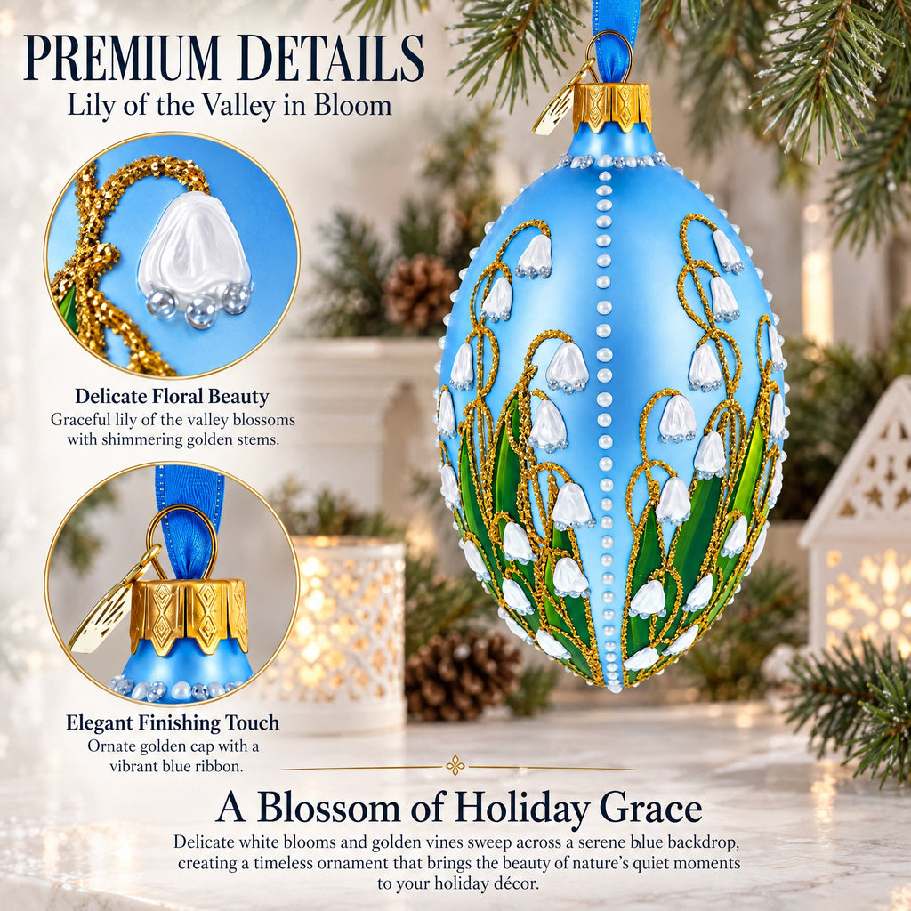Lily of the Valley on Frosted Blue Egg Glass Ornament 4 Inches