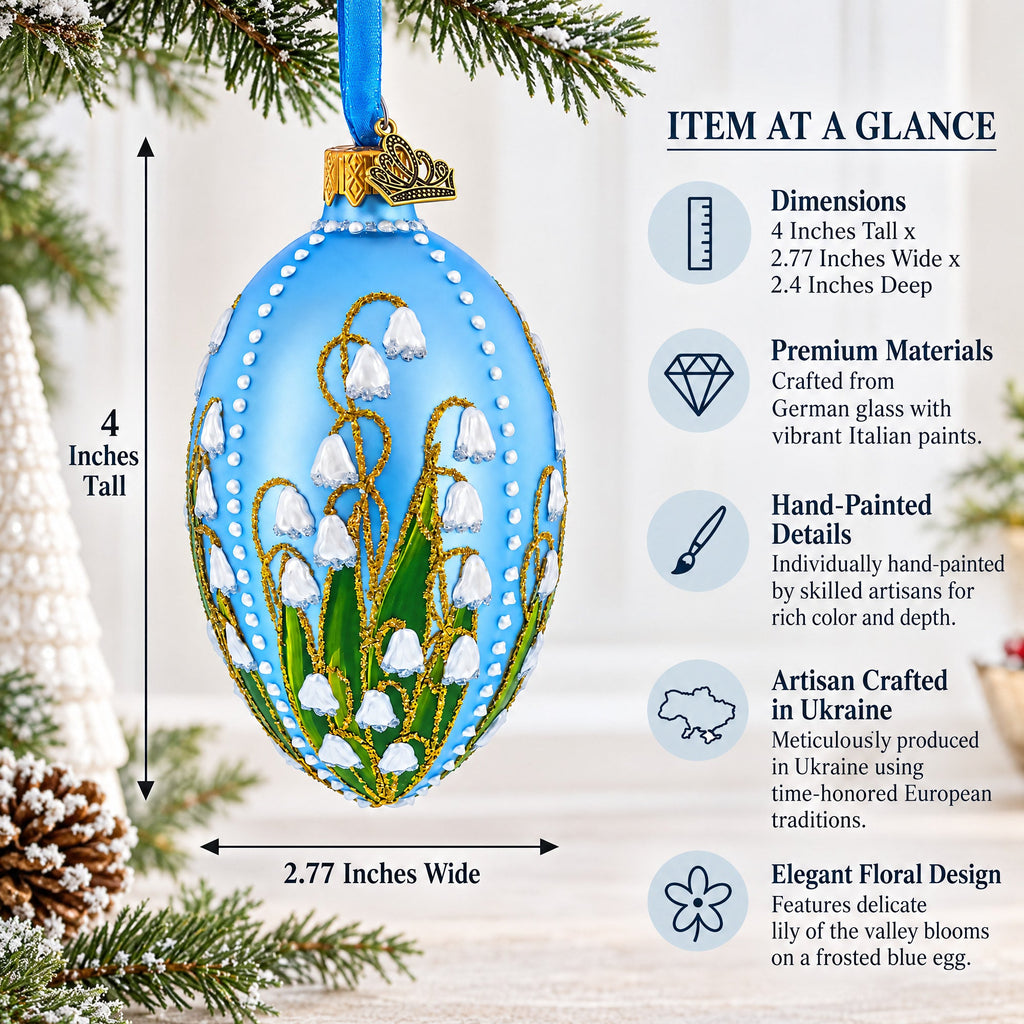 Lily of the Valley on Frosted Blue Egg Glass Ornament 4 Inches