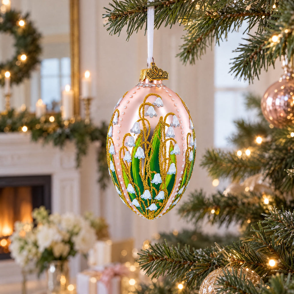 Lily of the Valley on Frosted Rose Egg Glass Ornament 4 Inches