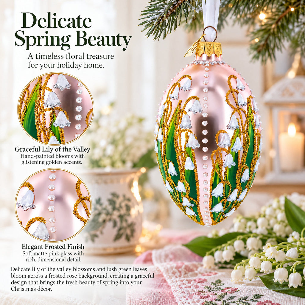 Lily of the Valley on Frosted Rose Egg Glass Ornament 4 Inches