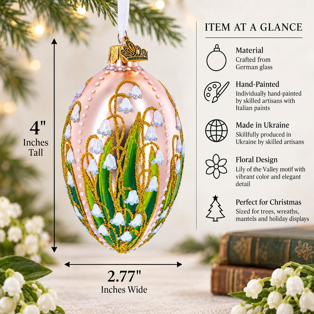 Lily of the Valley on Frosted Rose Egg Glass Ornament 4 Inches