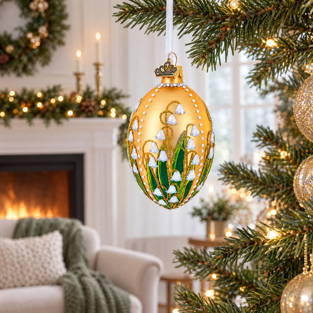 Lily of the Valley on Rose Gold Egg Glass Ornament 4 Inches