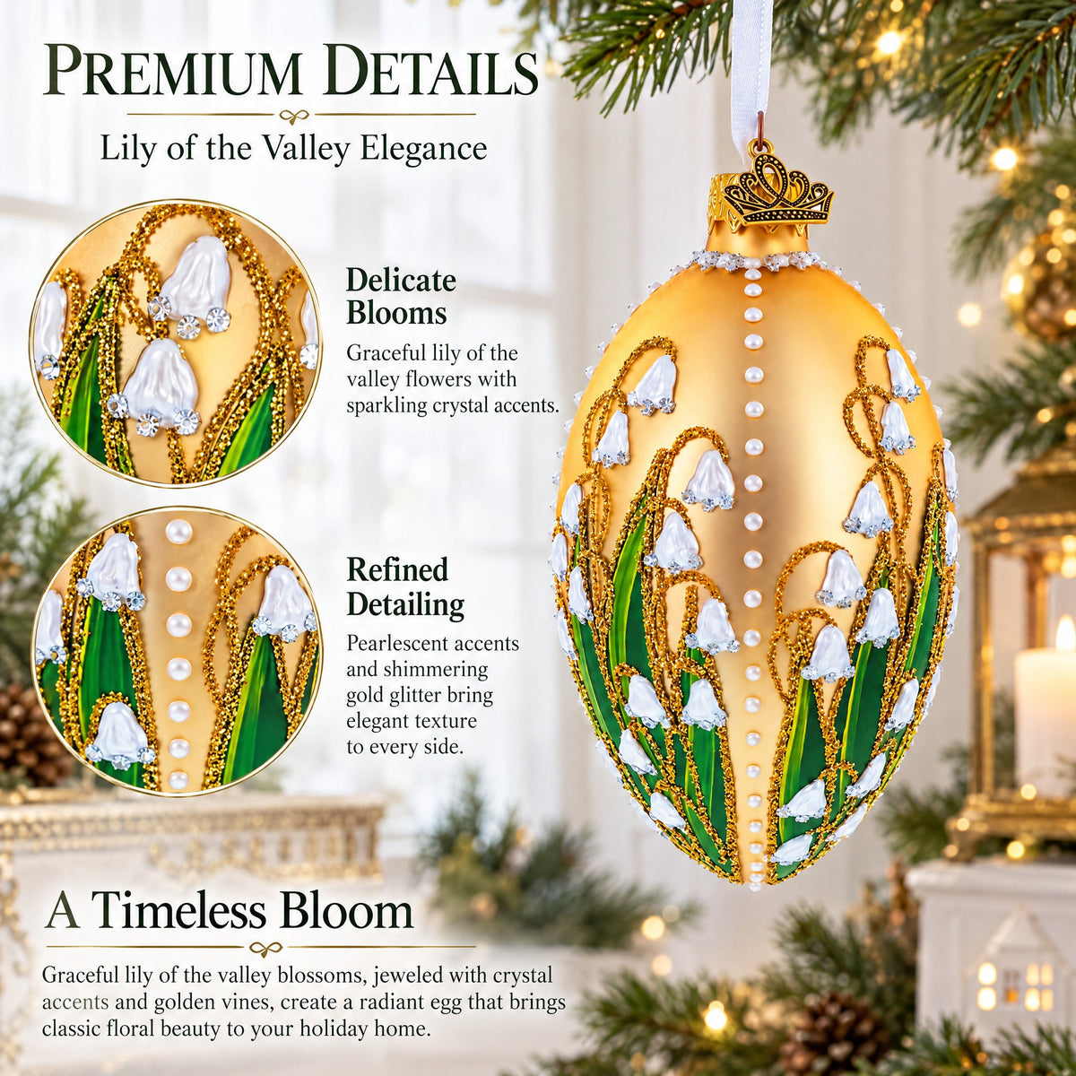 Lily of the Valley on Rose Gold Egg Glass Ornament 4 Inches