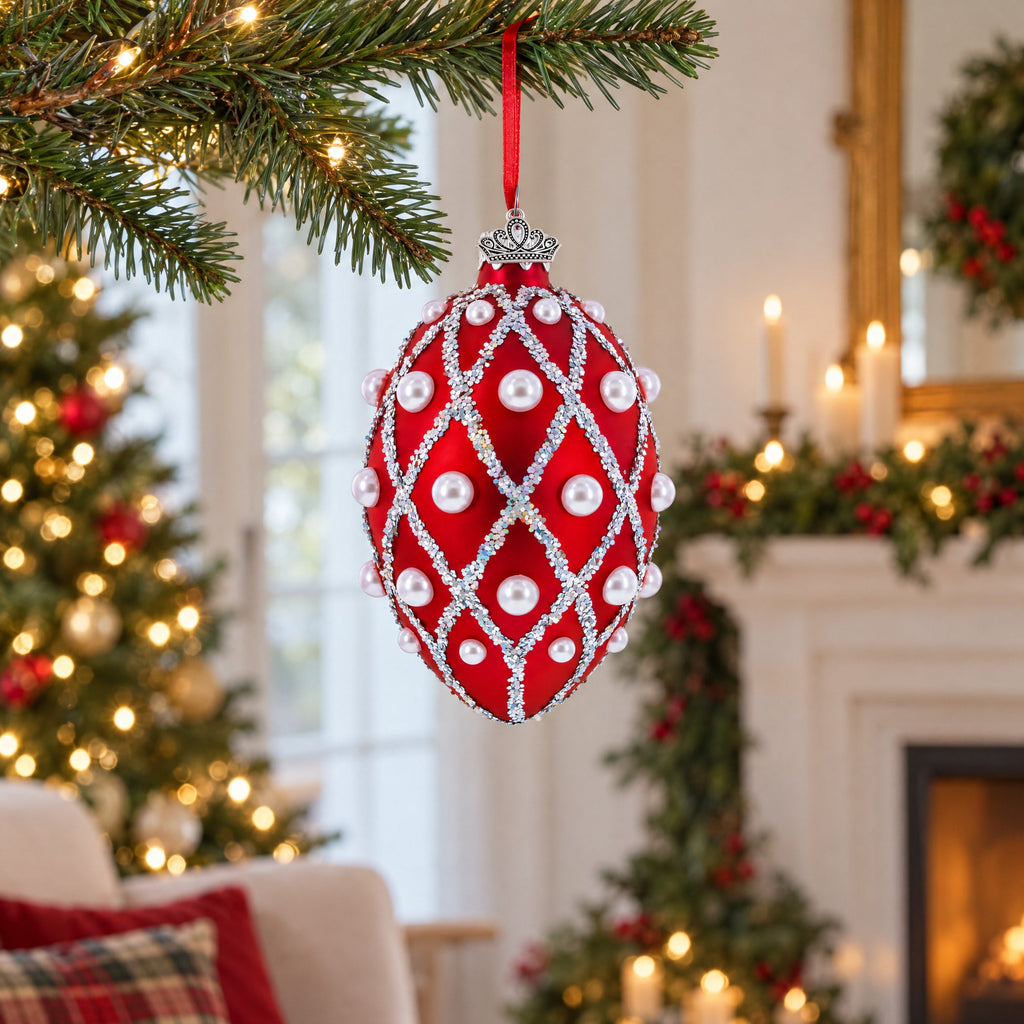 Red Pearl Lattice Glass Egg Ornament 4 Inches