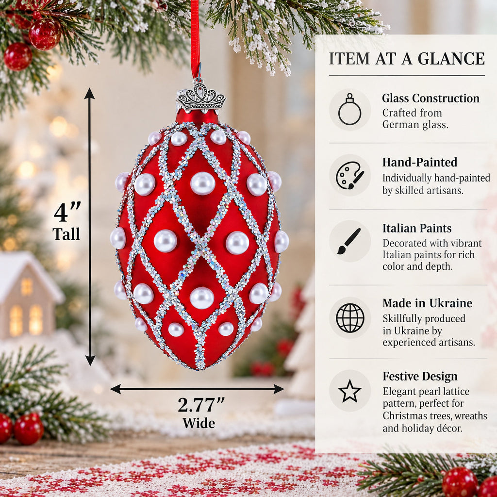 Red Pearl Lattice Glass Egg Ornament 4 Inches