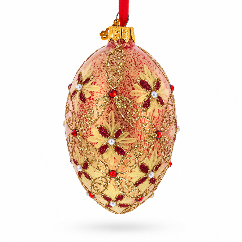 Gilded Bloom & Pearl Lattice Jeweled Glass Egg Ornament 4 Inches