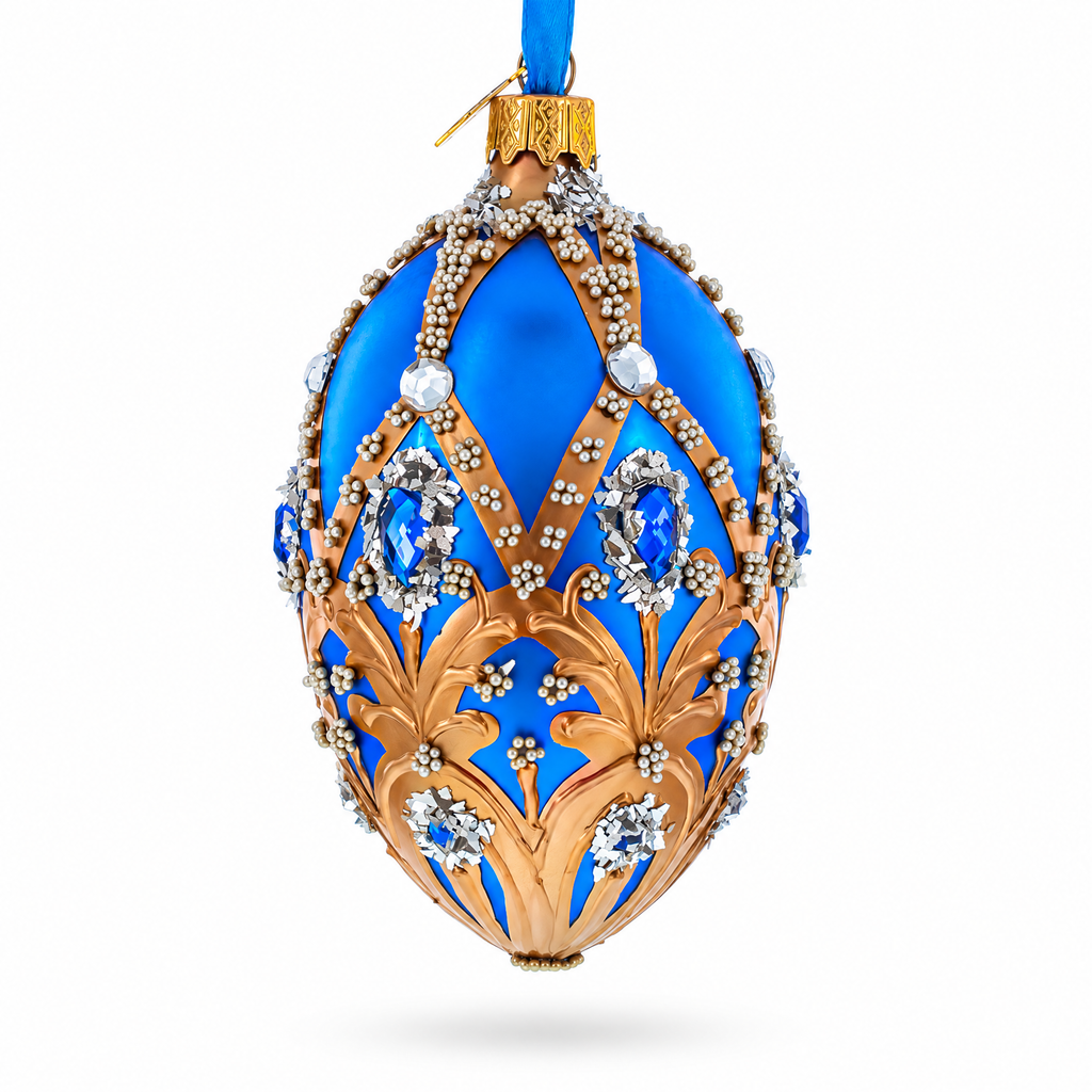Royal Blue Jeweled Egg with Gold Filigree and Crystal Accents Glass Egg Ornament 4 Inches