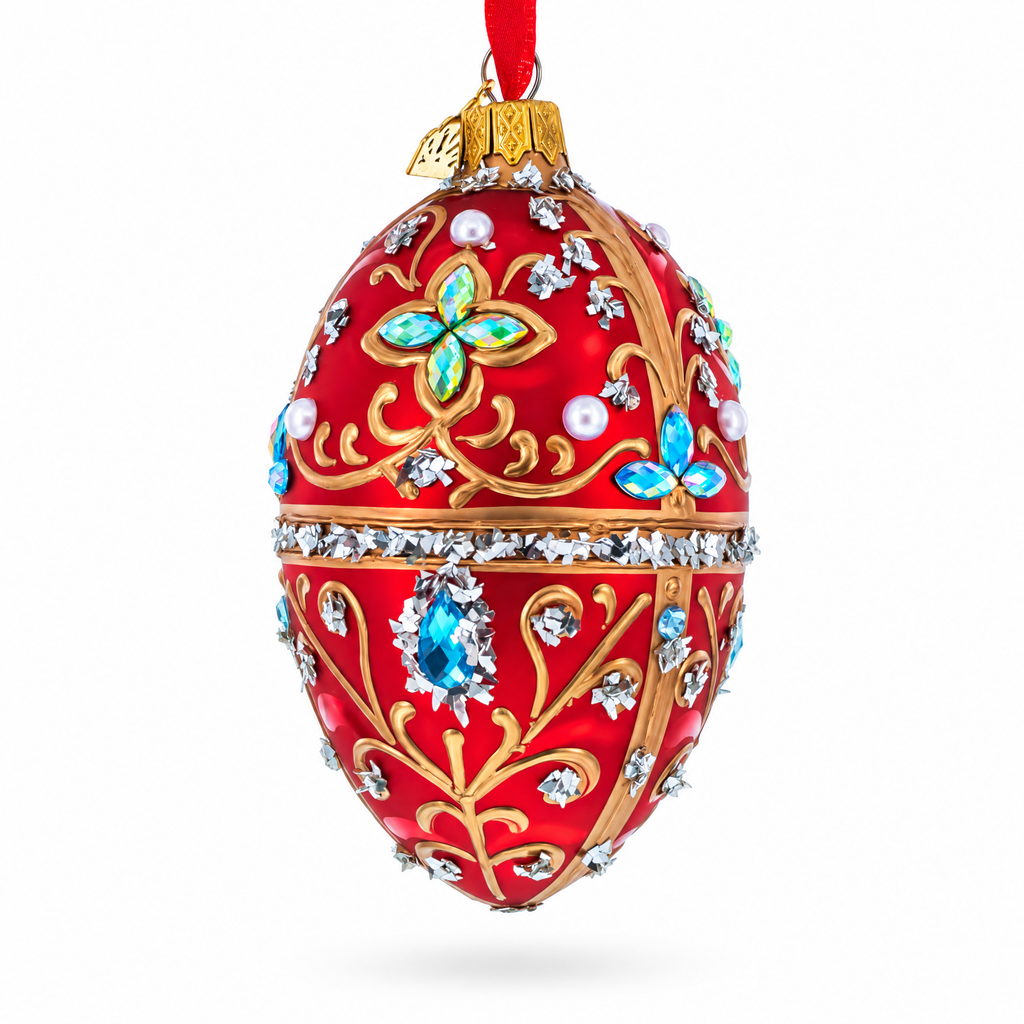 Red Jewel-Encrusted Egg with Gold Filigree and Crystal Floral Accents Glass Egg Ornament 4 Inches