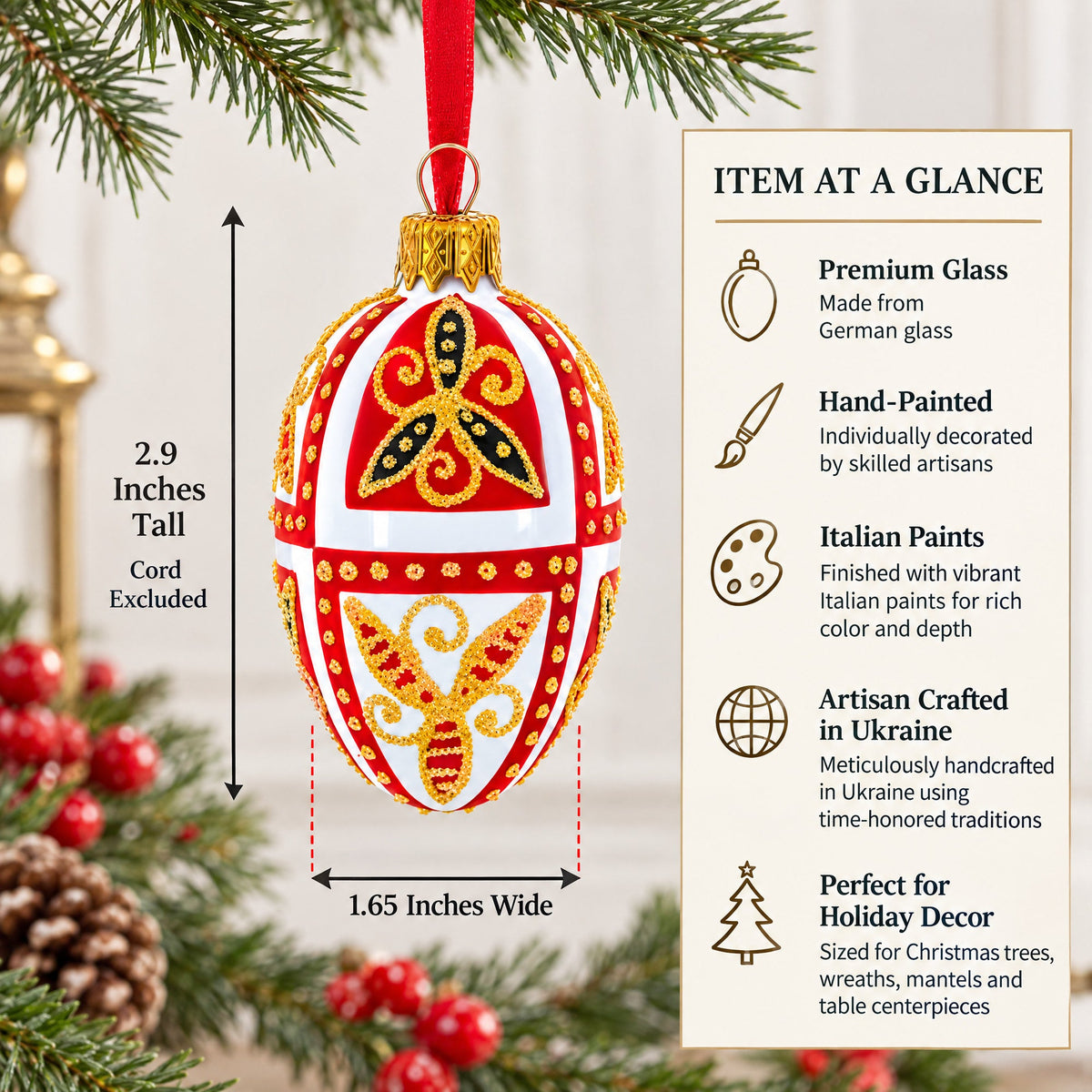 Red & Gold on White Floral Design Mini Glass Egg Ornament 2.9 Inches