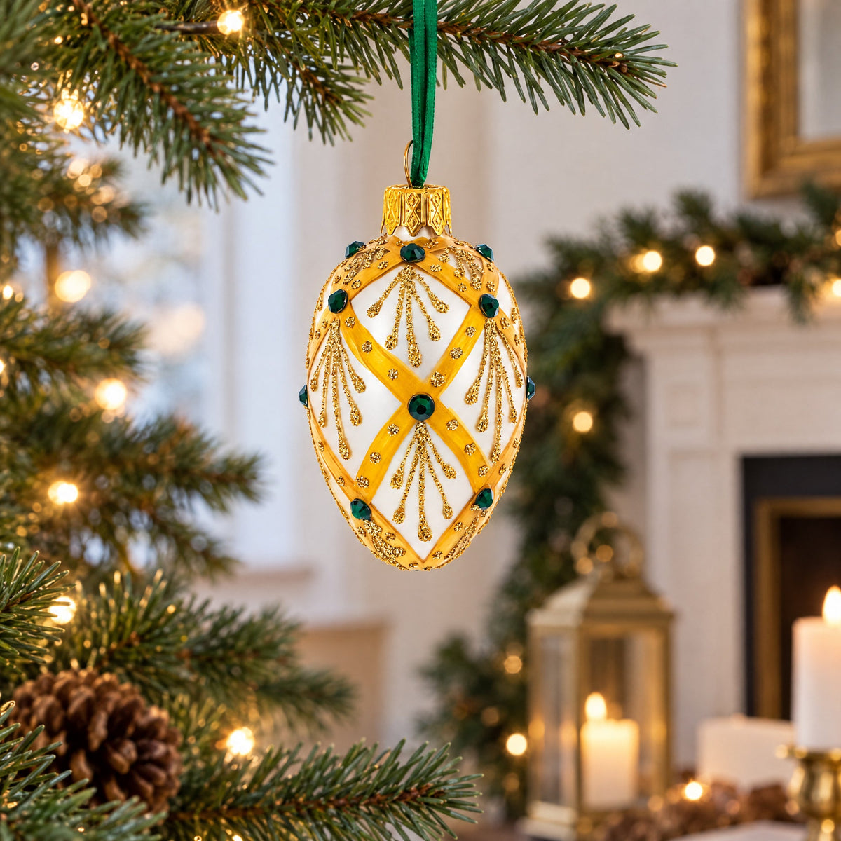 Beige & Emerald Jewel Accented Mini Glass Egg Ornament 2.9 Inches