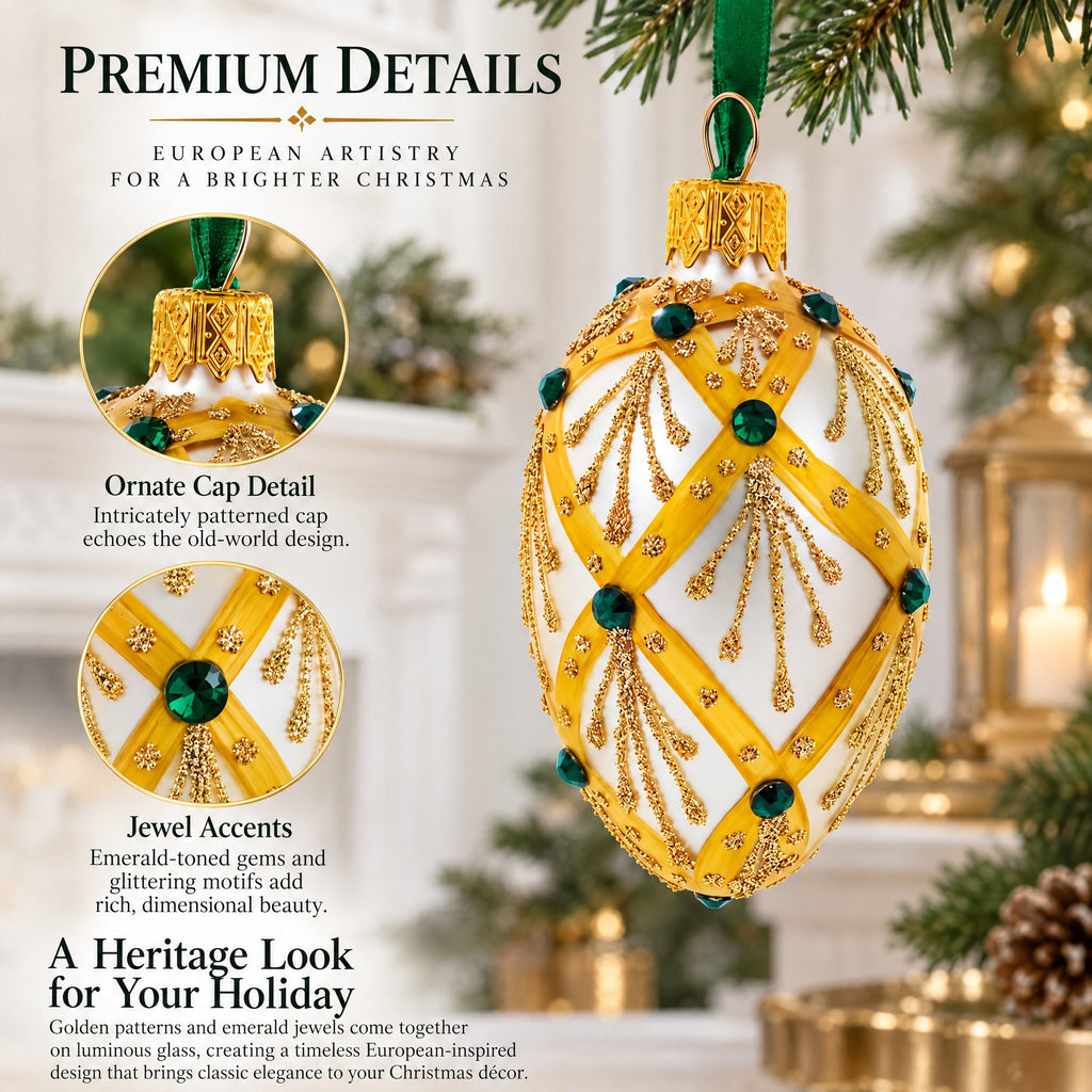 Beige & Emerald Jewel Accented Mini Glass Egg Ornament 2.9 Inches