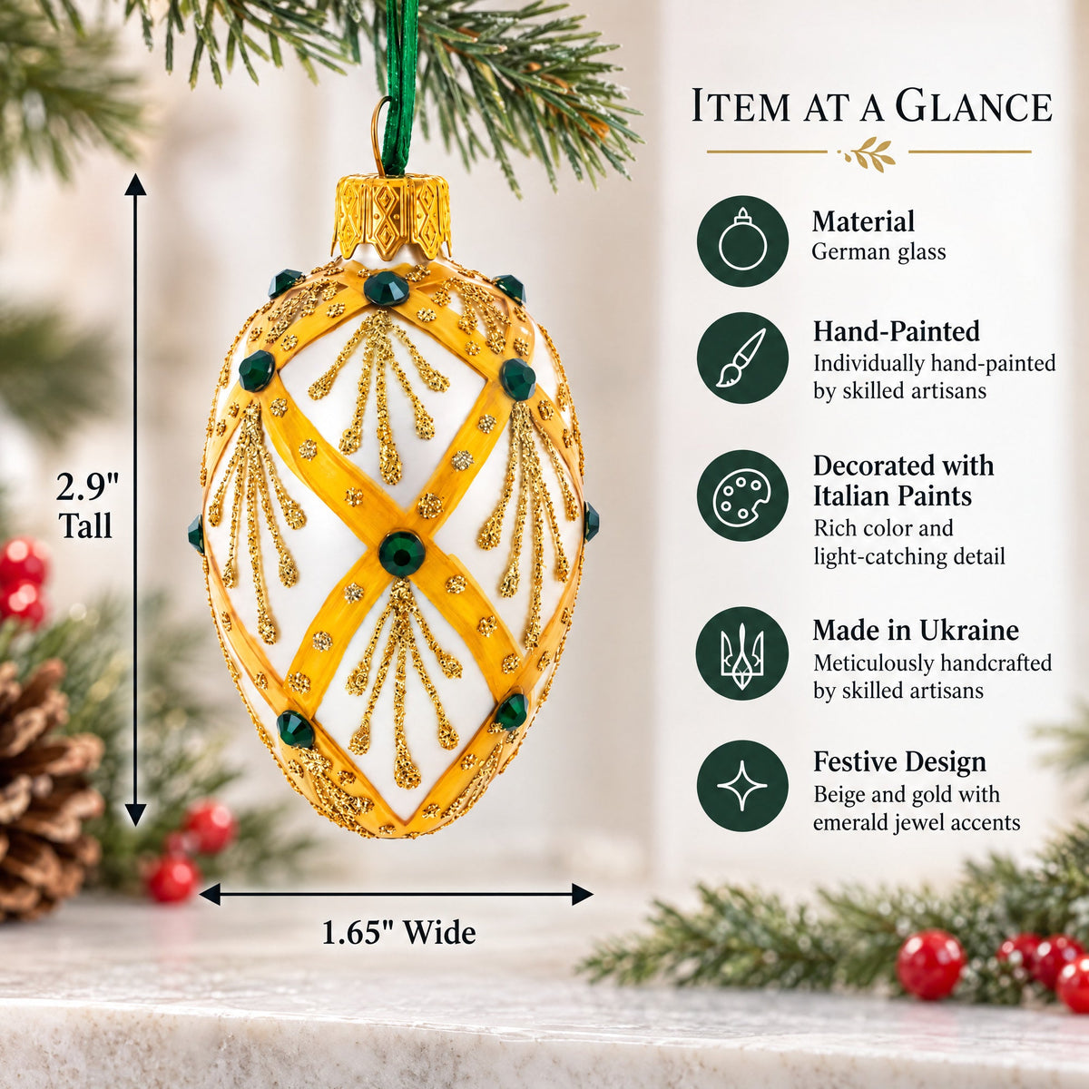 Beige & Emerald Jewel Accented Mini Glass Egg Ornament 2.9 Inches