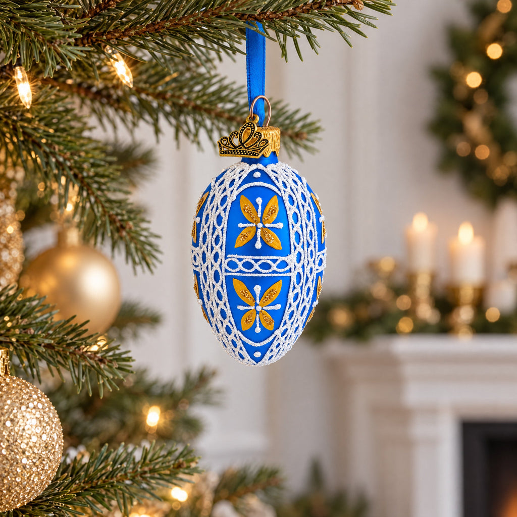 Royal Blue & Gold Floral Lace Mini Glass Egg Ornament 2.9 Inches