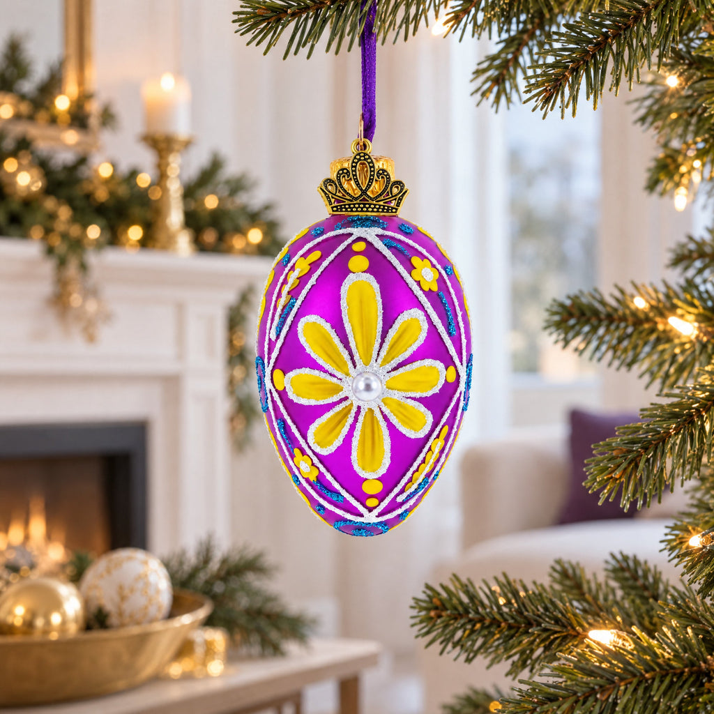 Vibrant Purple & Yellow Pearl Accented Mini Glass Egg Ornament 2.9 Inches