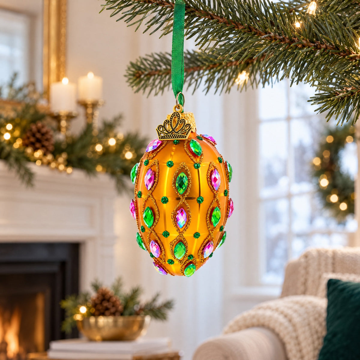 Golden Amber with Pink & Green Jewel Accents Mini Glass Egg Ornament 2.9 Inches