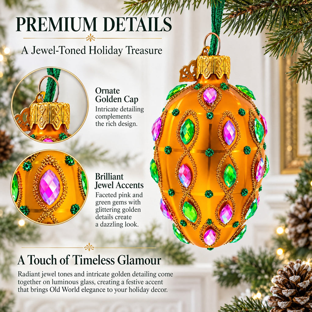 Golden Amber with Pink & Green Jewel Accents Mini Glass Egg Ornament 2.9 Inches