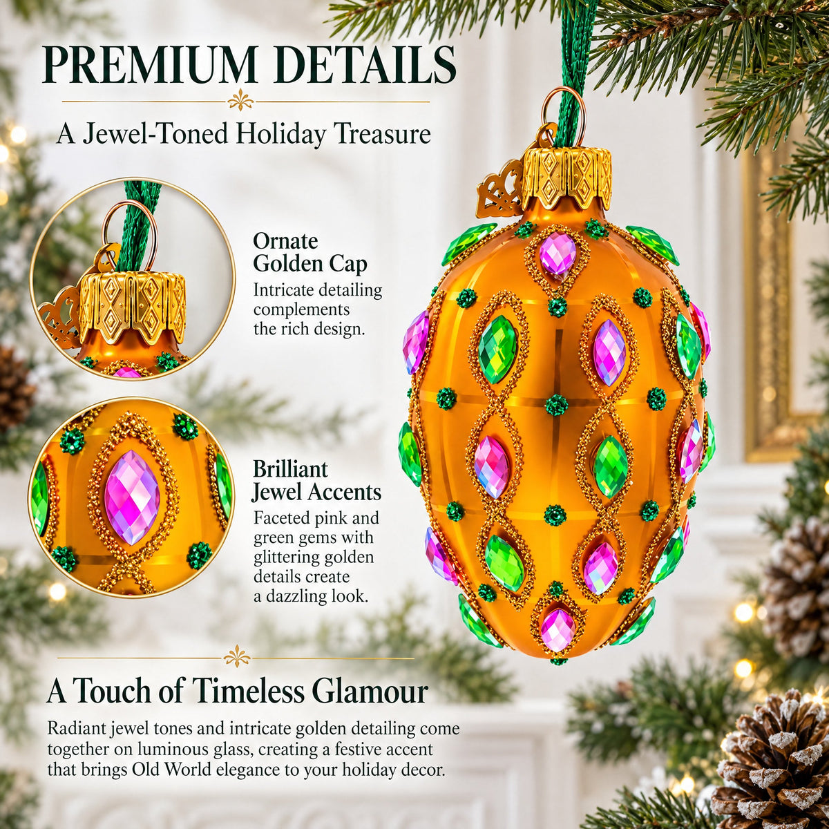 Golden Amber with Pink & Green Jewel Accents Mini Glass Egg Ornament 2.9 Inches
