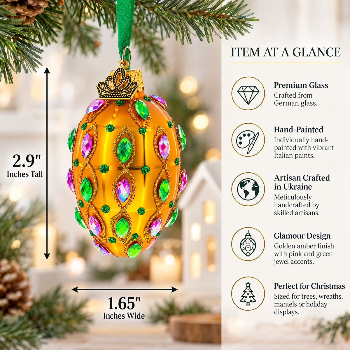 Golden Amber with Pink & Green Jewel Accents Mini Glass Egg Ornament 2.9 Inches