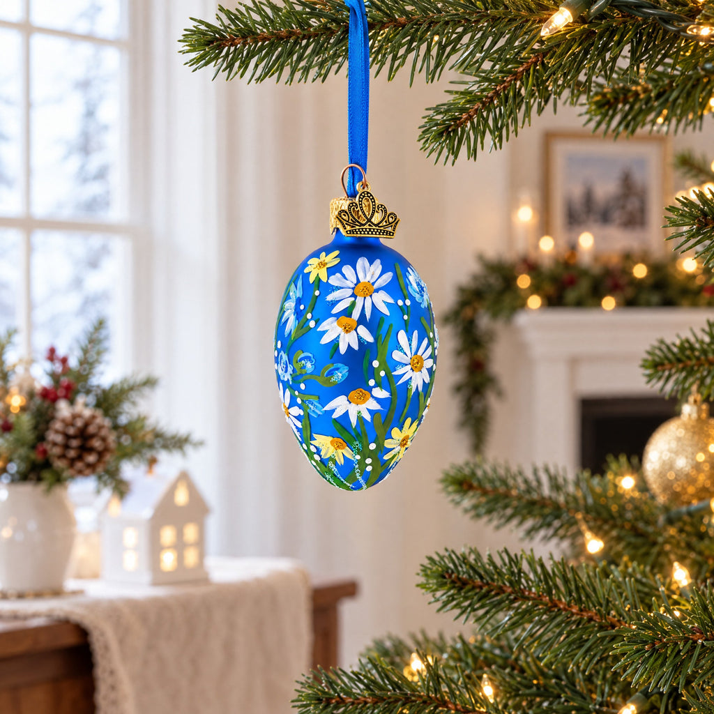Cobalt Blue with White Daisy Floral Mini Glass Egg Ornament 2.9 Inches