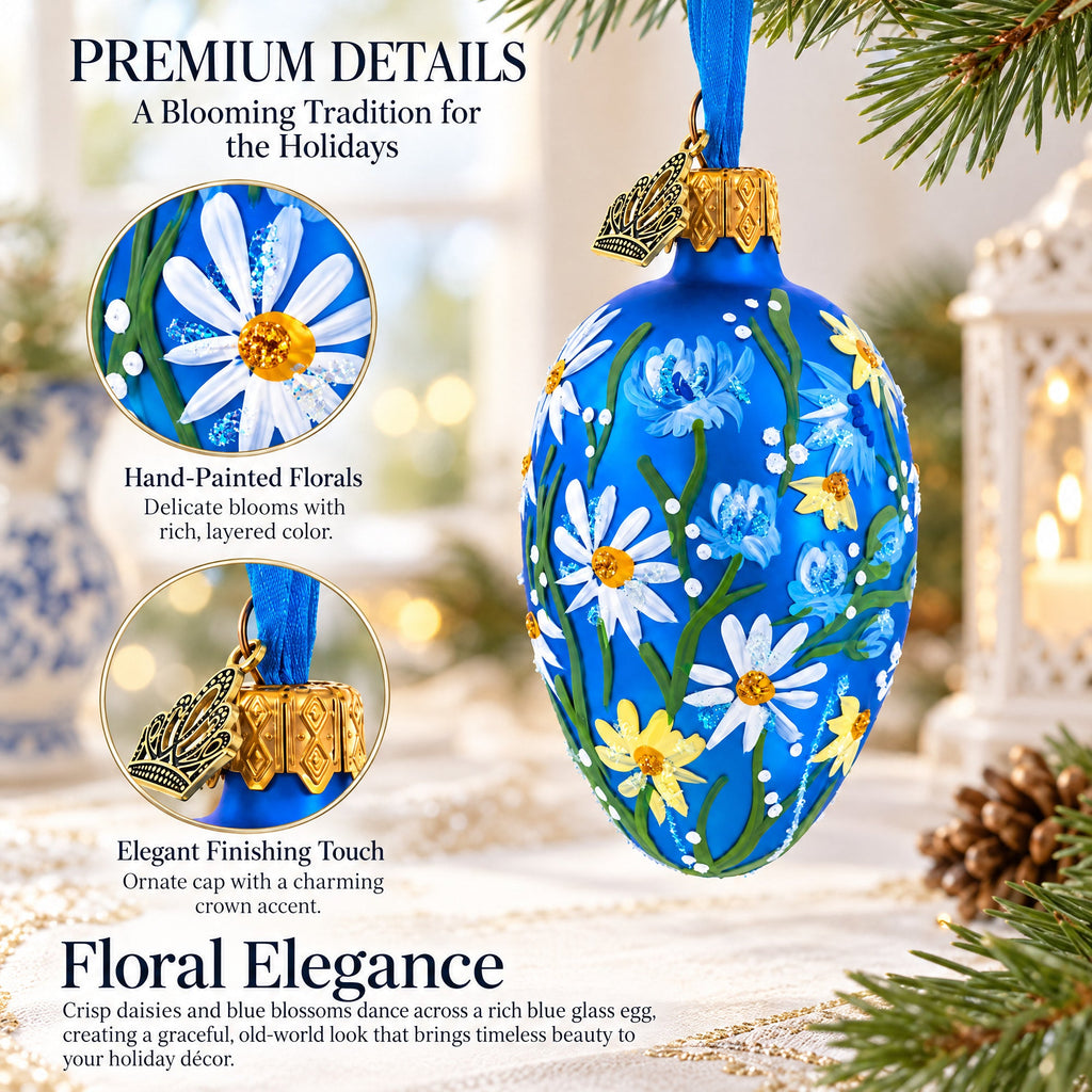 Cobalt Blue with White Daisy Floral Mini Glass Egg Ornament 2.9 Inches