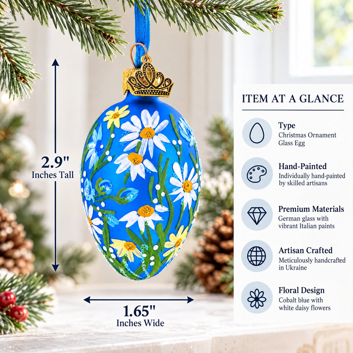Cobalt Blue with White Daisy Floral Mini Glass Egg Ornament 2.9 Inches