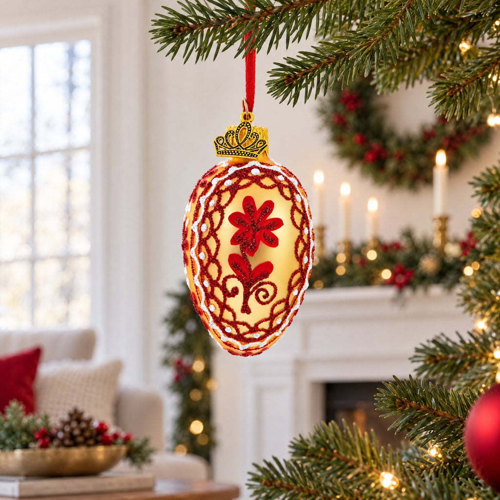 Cream with Red Floral and Lace Accents Mini Glass Egg Ornament 2.9 Inches