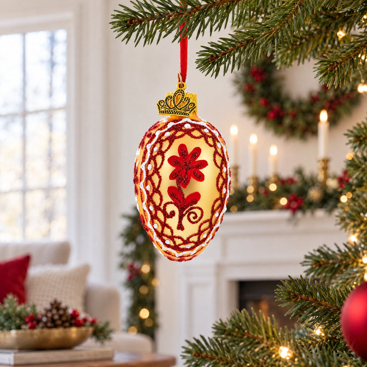 Cream with Red Floral and Lace Accents Mini Glass Egg Ornament 2.9 Inches