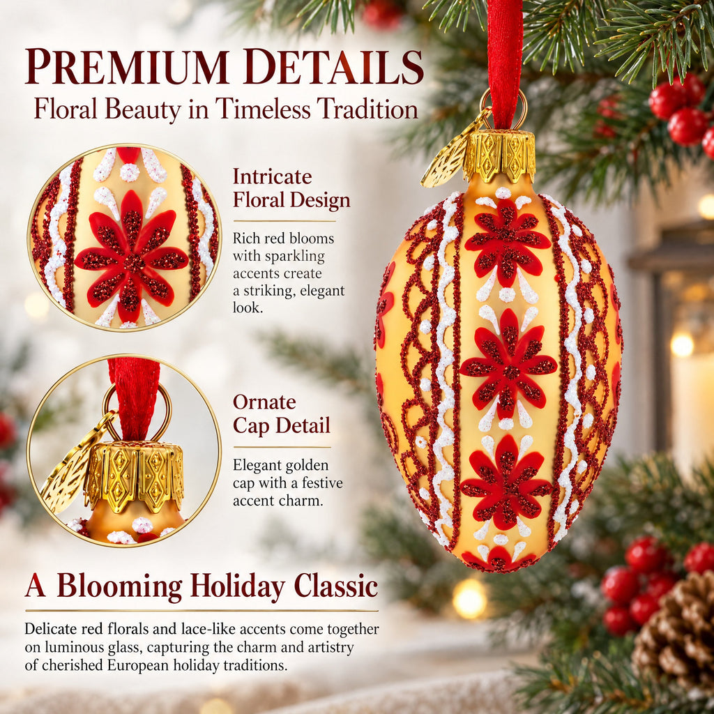 Cream with Red Floral and Lace Accents Mini Glass Egg Ornament 2.9 Inches