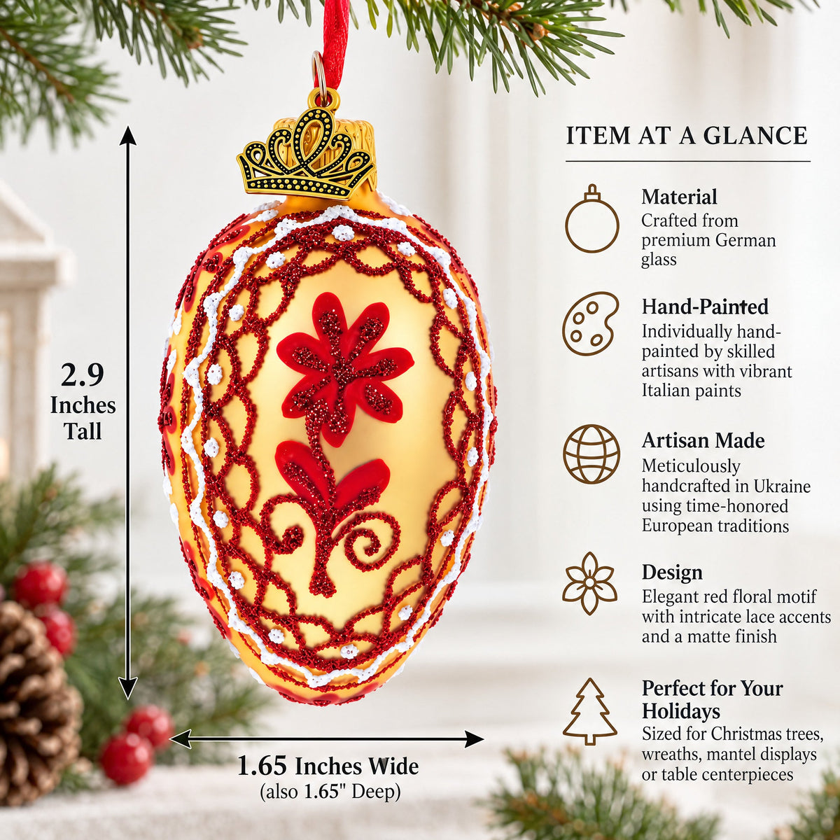 Cream with Red Floral and Lace Accents Mini Glass Egg Ornament 2.9 Inches
