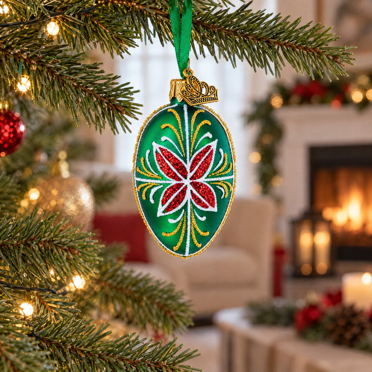 Emerald Green with Red and Gold Floral Mini Glass Egg Ornament 2.9 Inches