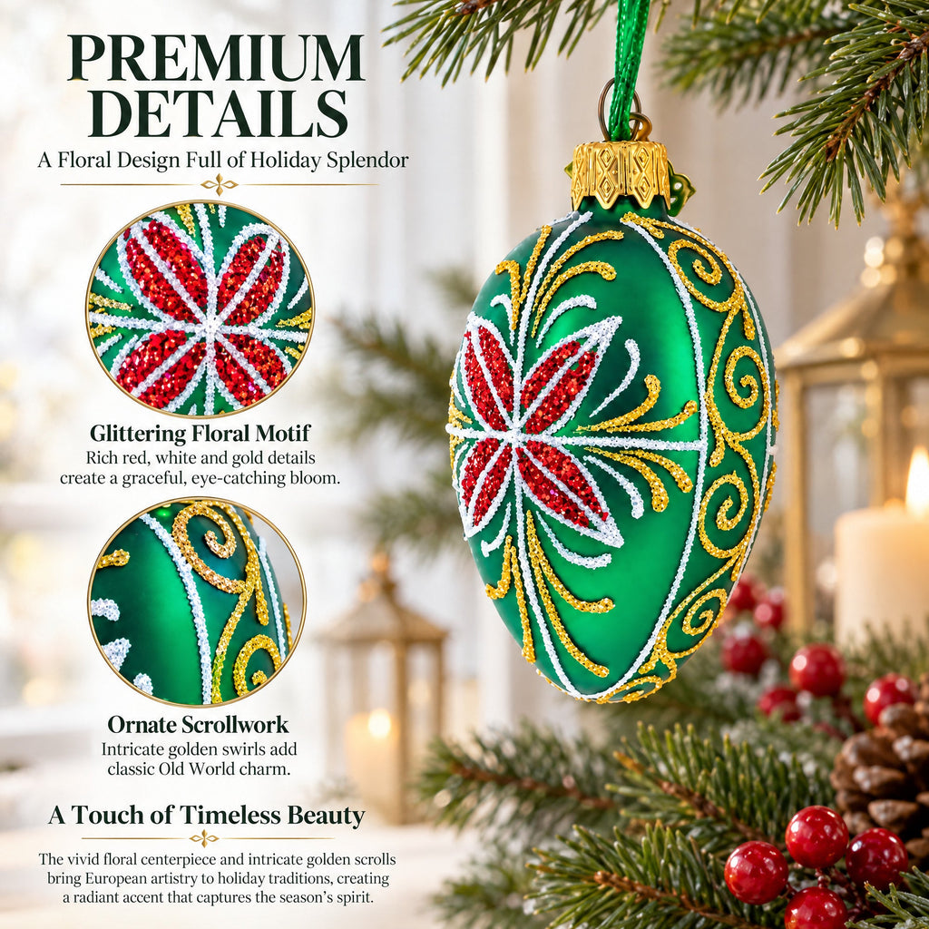 Emerald Green with Red and Gold Floral Mini Glass Egg Ornament 2.9 Inches