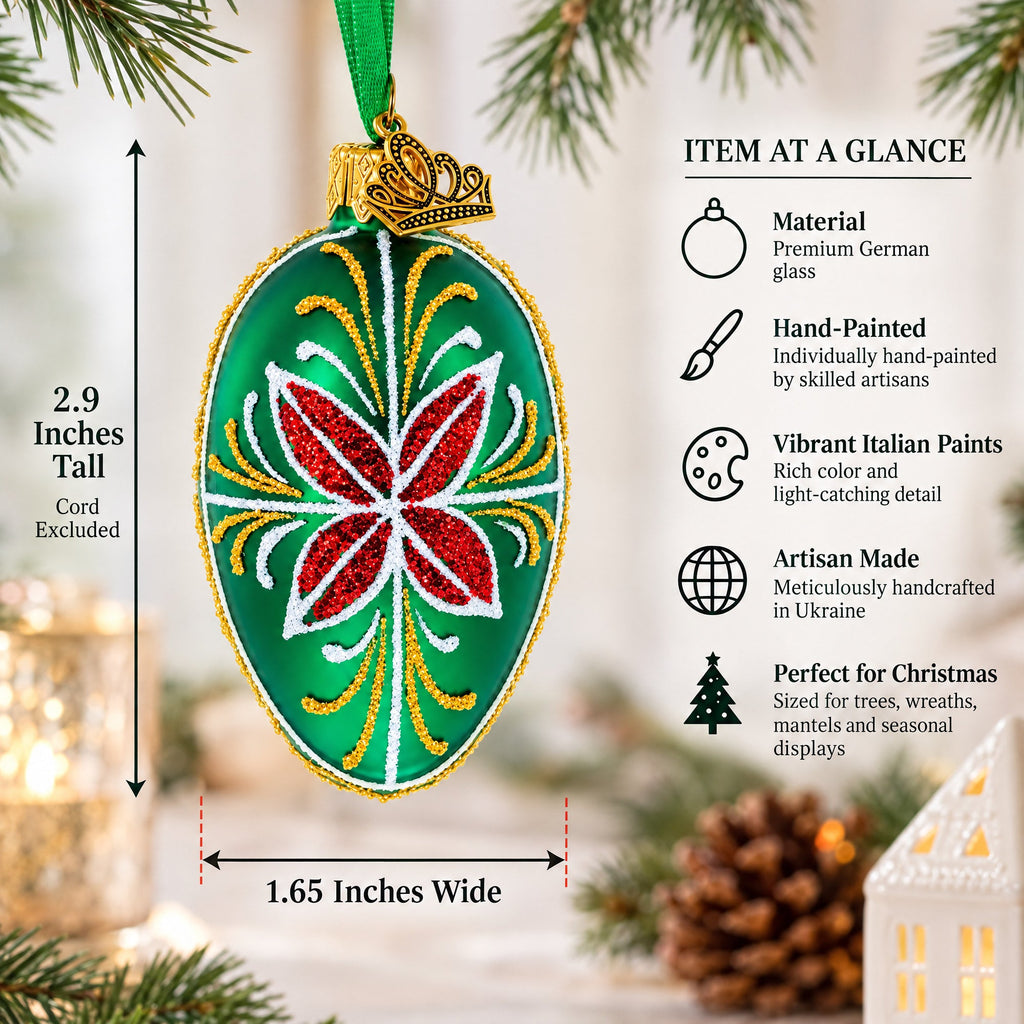 Emerald Green with Red and Gold Floral Mini Glass Egg Ornament 2.9 Inches