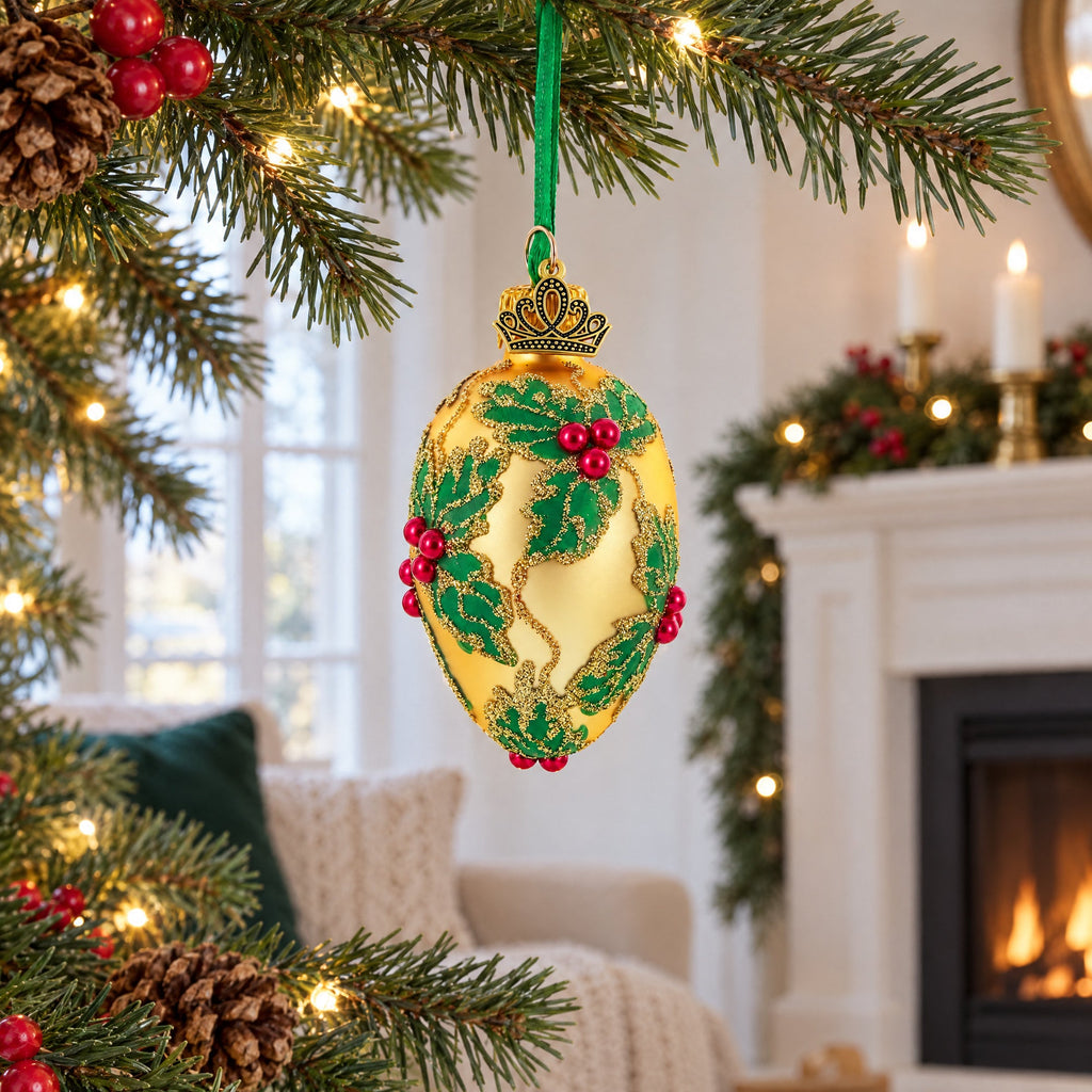 Golden with Holly Leaf and Red Berry Accents Mini Glass Egg Ornament 2.9 Inches
