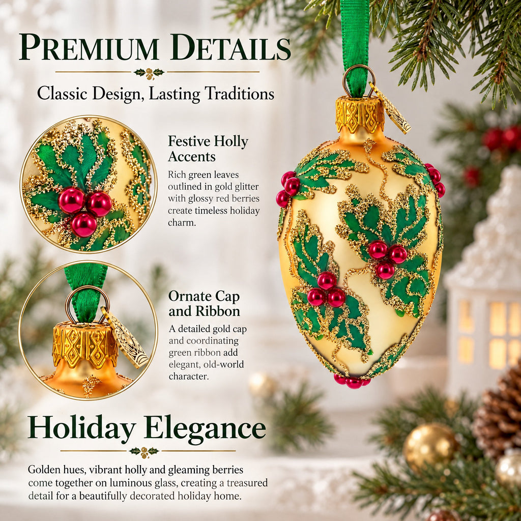 Golden with Holly Leaf and Red Berry Accents Mini Glass Egg Ornament 2.9 Inches