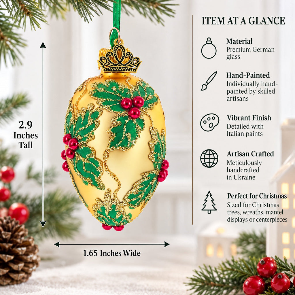 Golden with Holly Leaf and Red Berry Accents Mini Glass Egg Ornament 2.9 Inches