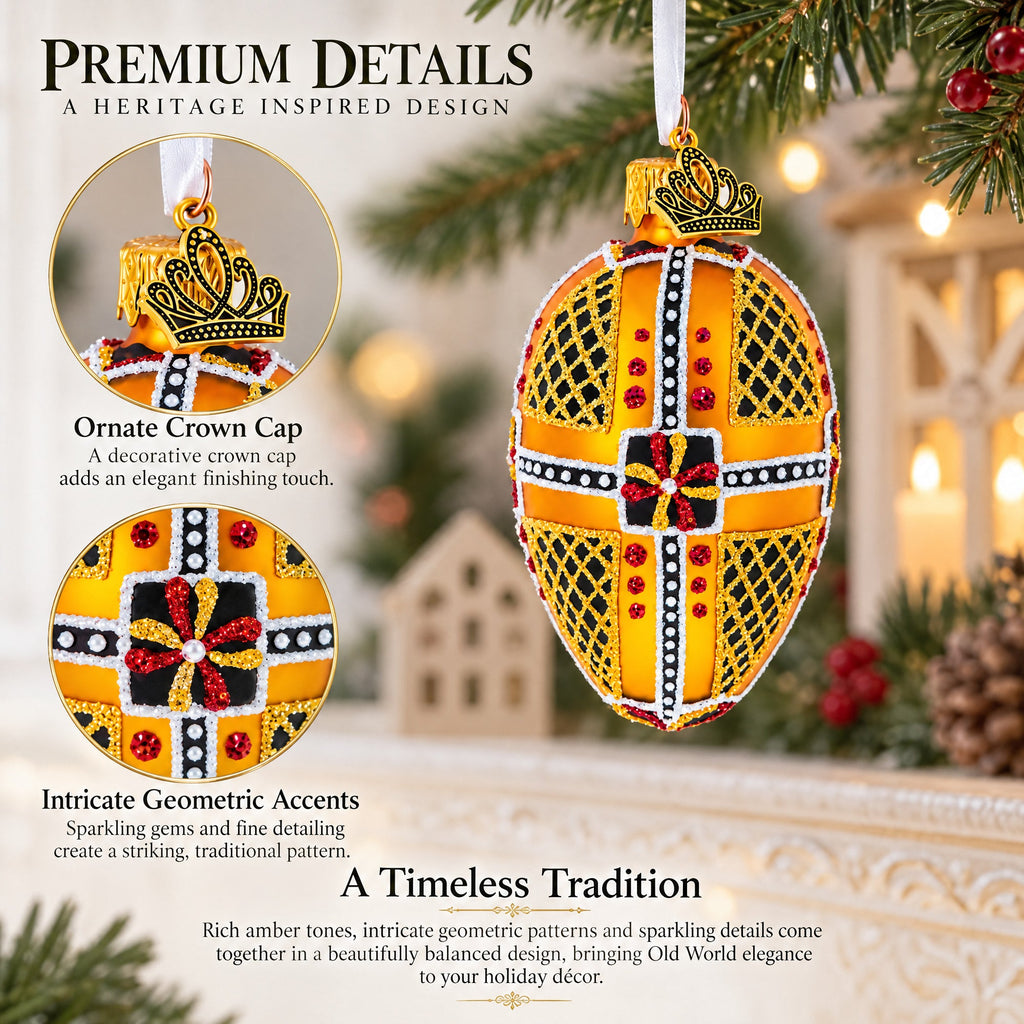 Amber with Red, Black, and Gold Geometric Pattern Mini Glass Egg Ornament 2.9 Inches