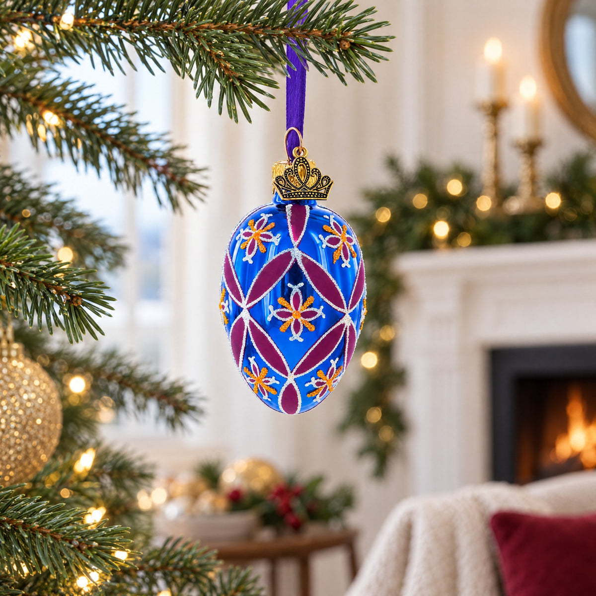 Cobalt Blue with Pink and Yellow Floral Pattern Mini Glass Egg Ornament 2.9 Inches