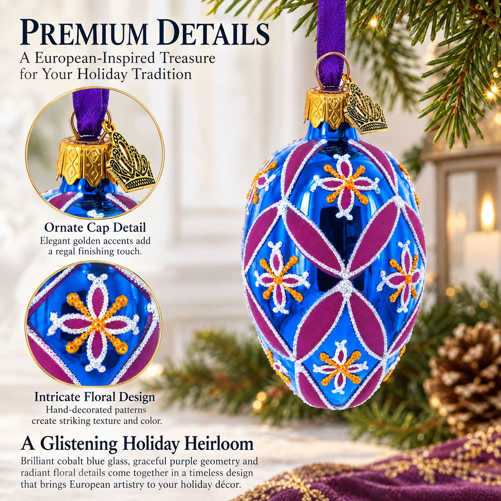 Cobalt Blue with Pink and Yellow Floral Pattern Mini Glass Egg Ornament 2.9 Inches