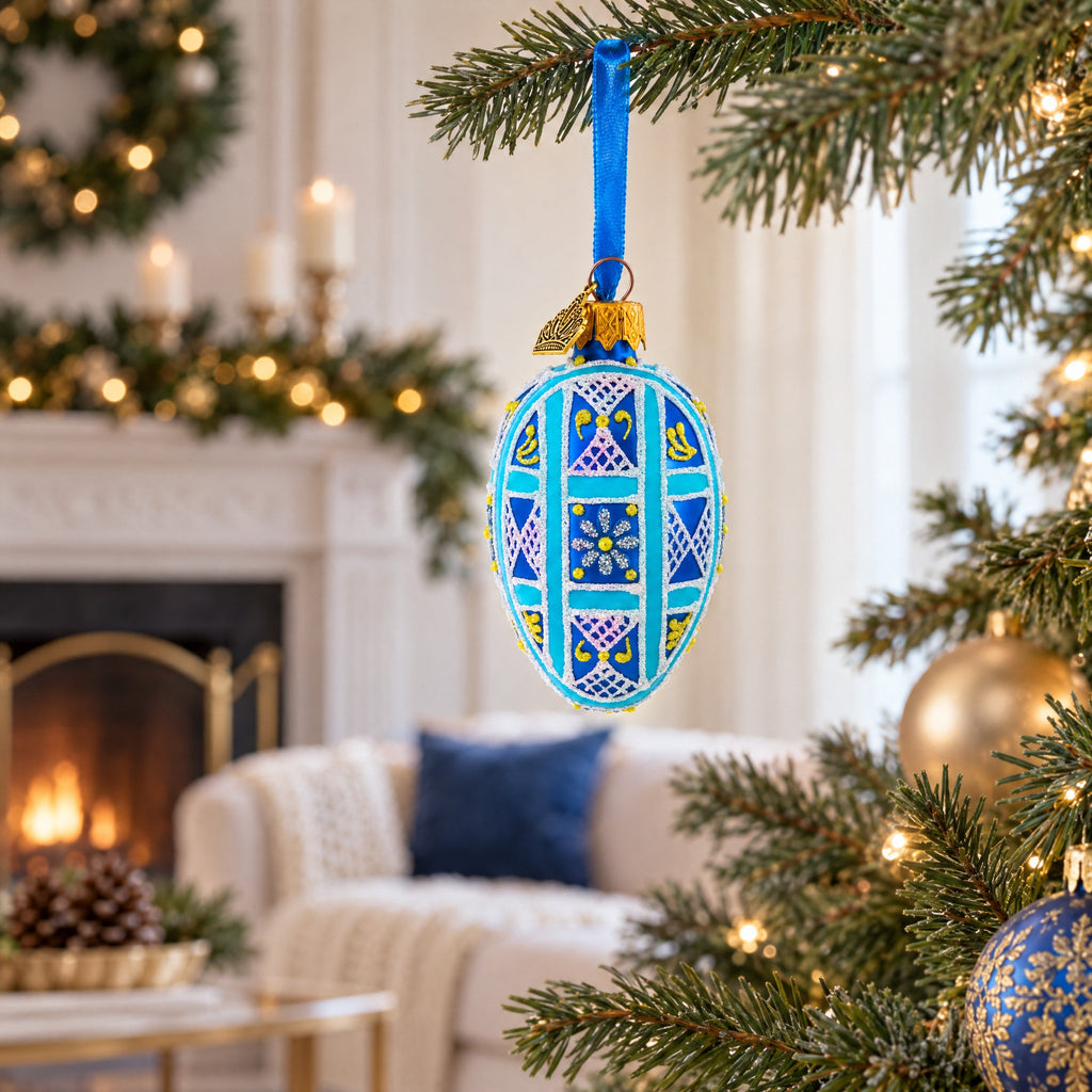 Cobalt Blue and White Geometric Floral Mini Glass Egg Ornament 2.9 Inches